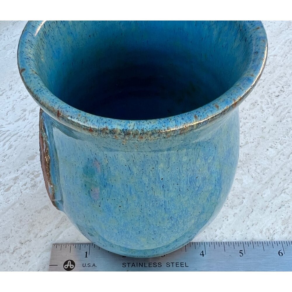 Signed Ceramic Mug Handmade Blue Glaze Stamped Front Detail 6x5x4.5 Coffee Tea - Picture 4 of 8